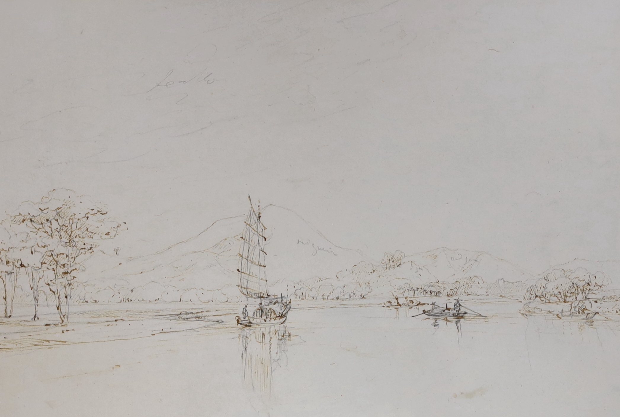 Manner of George Chinnery (1774-1852) pencil and ink, Chinese river landscape before mountains, indistinctly inscribed, The Rowley Gallery label verso, 31cm x 22cm